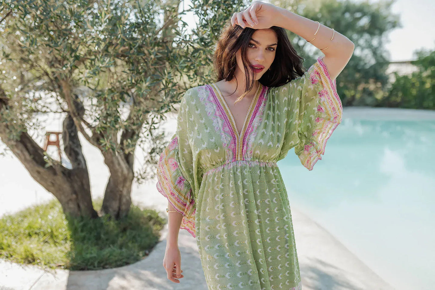 CURACAO GREEN SLEEVES L304 LONG DRESS Maxi Kaftan