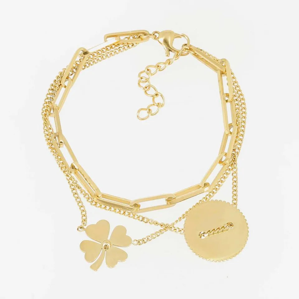 Double Chain Bracelet with Clover Charm and Metal Disc