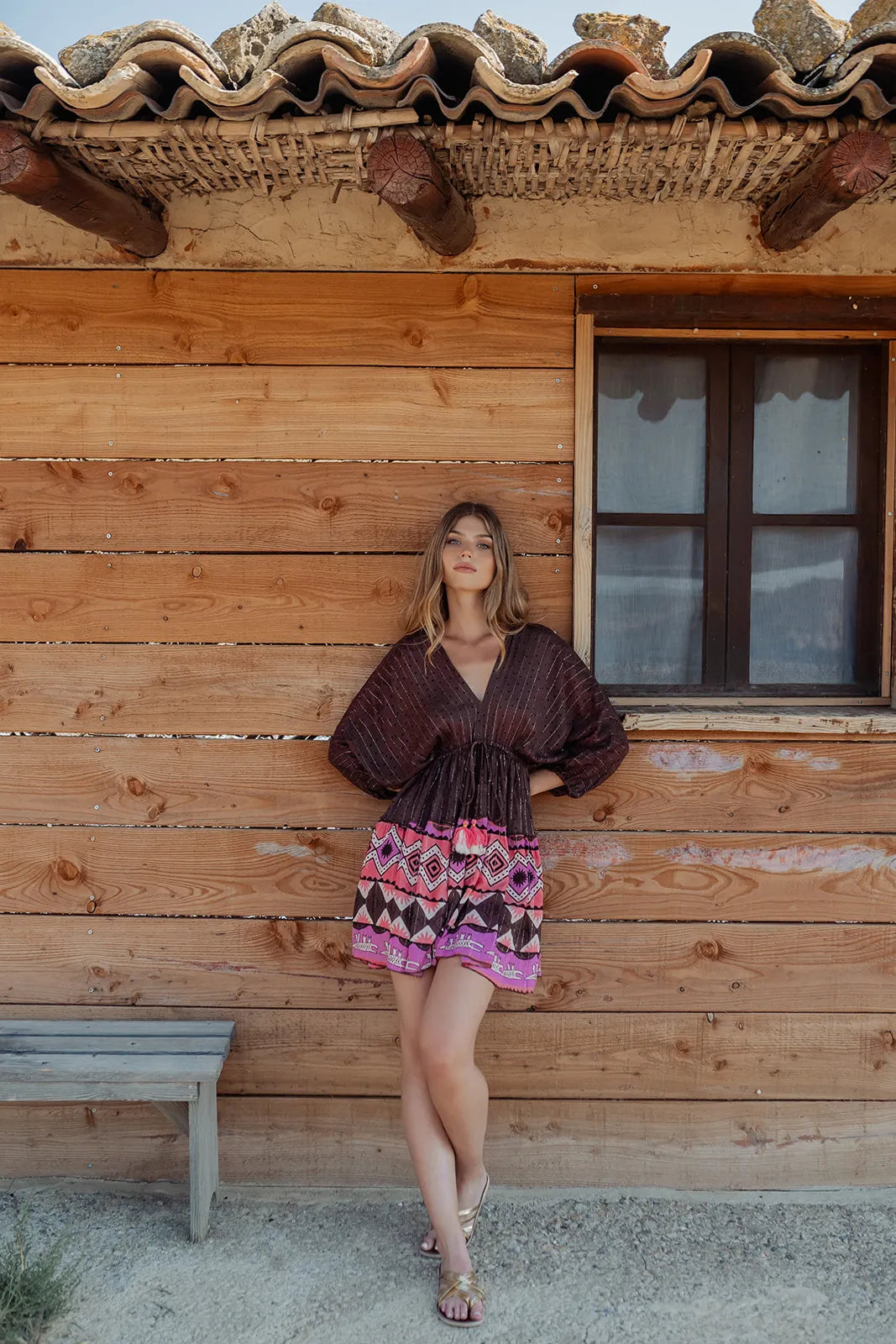 SABANA L326 BROWN SHORT DRESS