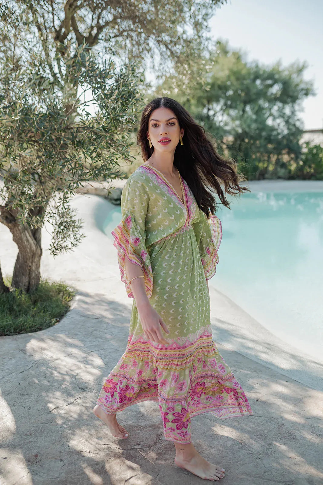 CURACAO GREEN SLEEVES L304 LONG DRESS Maxi Kaftan