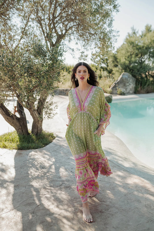 CURACAO GREEN SLEEVES L304 LONG DRESS Maxi Kaftan
