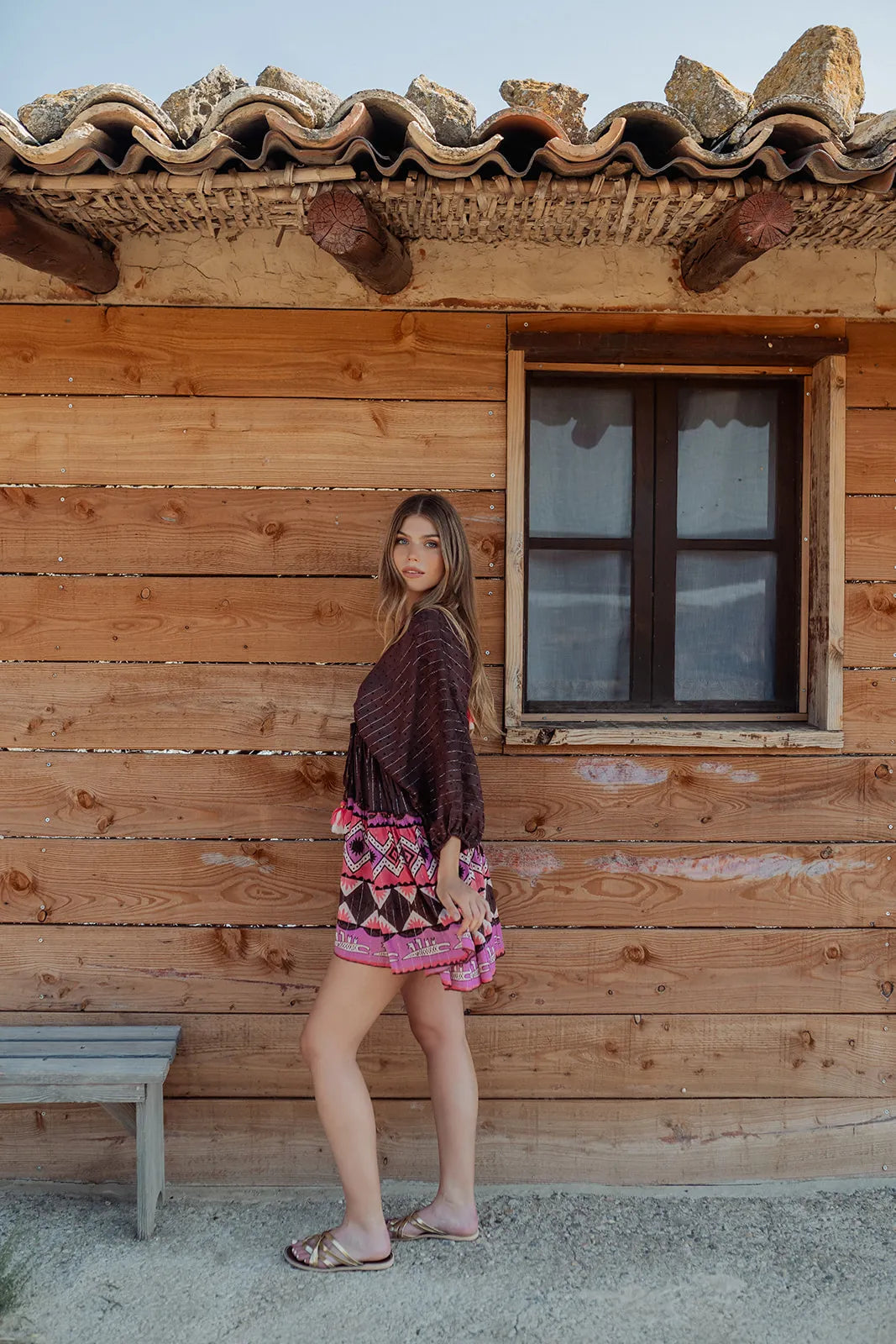 SABANA L326 BROWN SHORT DRESS