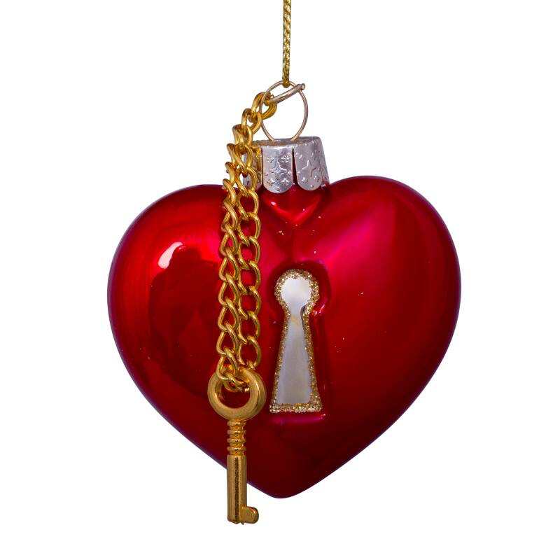 [ORNAMENT GLASS RED OPAL HEART WITH KEY LOCK H6.5CM] ORNAMENT GLASS RED OPAL HEART WITH KEY LOCK H6.5CM