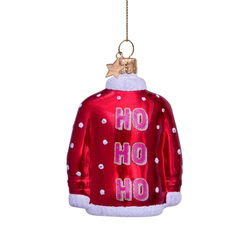 ORNAMENT GLASS BURGUNDY CHRISTMAS SWEATER W/TEXT HO HO HO