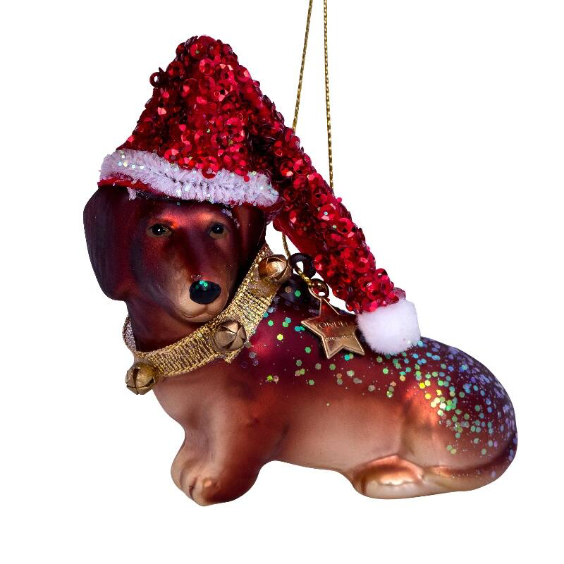 ORNAMENT GLASS LITTLE DACHSHUND W/HAT H8CM