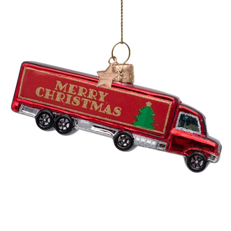 ORNAMENT GLASS RED TRUCK W/MERRY CHRISTMAS H5CM